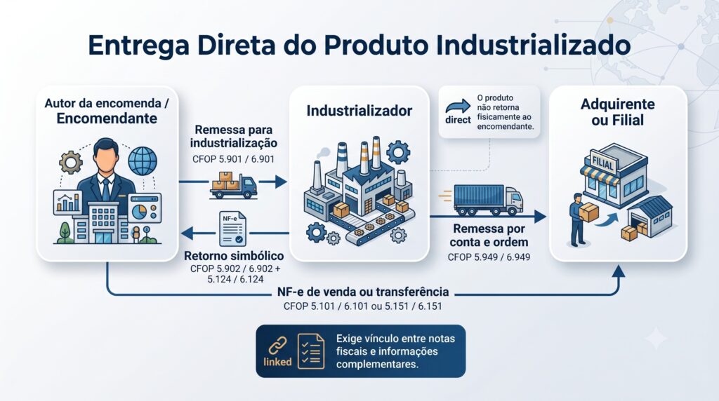 Fluxo de industrialização por encomenda com entrega direta do produto industrializado ao adquirente ou filial