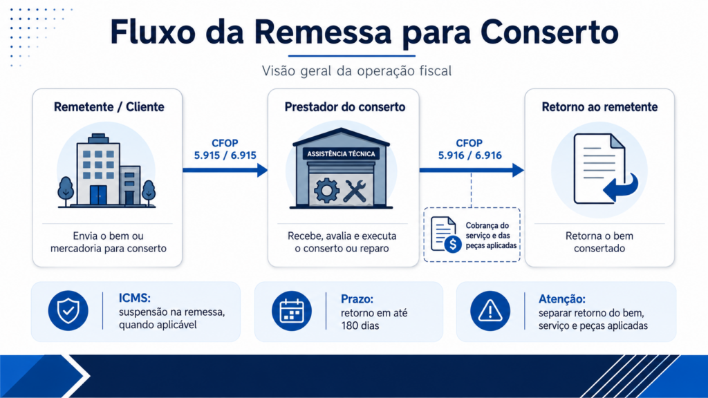 Fluxo da remessa para conserto com saída do bem pelo CFOP 5.915 ou 6.915 e retorno pelo CFOP 5.916 ou 6.916.