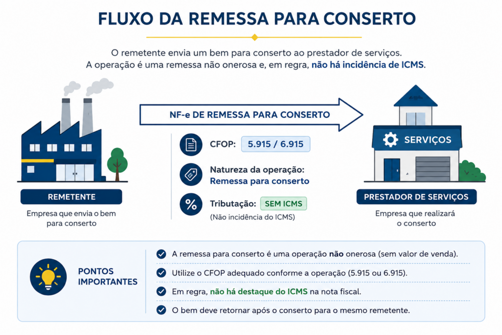 Fluxo da nota fiscal de remessa para conserto com CFOP 5.915 ou 6.915 e sem destaque de ICMS