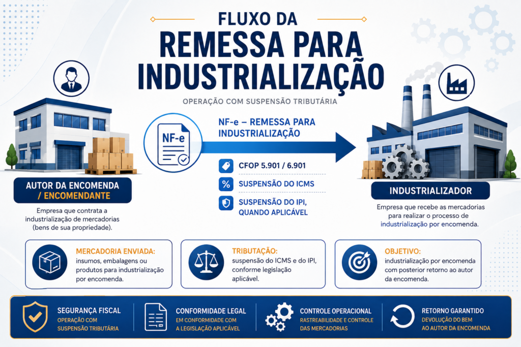 Fluxo da nota fiscal de remessa para industrialização com CFOP 5.901 ou 6.901 e suspensão de ICMS e IPI