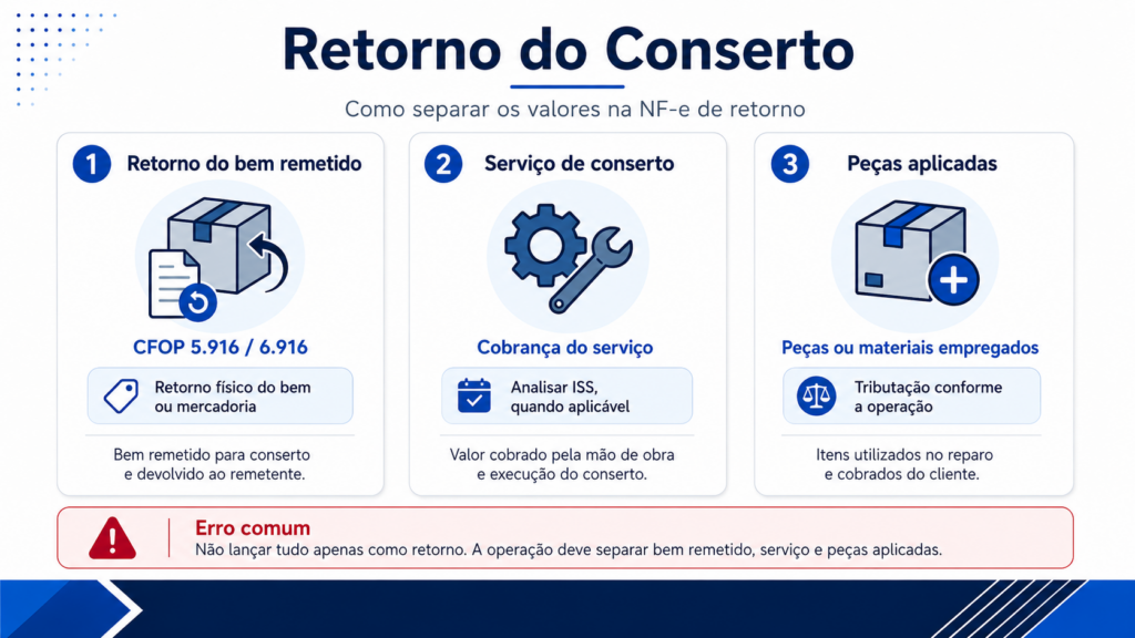 Fluxo da remessa para conserto com saída do bem pelo CFOP 5.915 ou 6.915 e retorno pelo CFOP 5.916 ou 6.916.