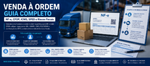 Imagem de capa sobre venda à ordem com NF-e, CFOP, SPED, caminhão de entrega e fluxo entre vendedor remetente, adquirente originário e destinatário final